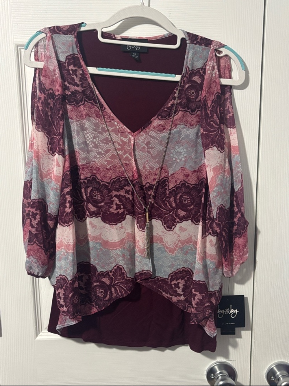 by & by Plum and Pink Lace-Print Cold-Shoulder Blouse